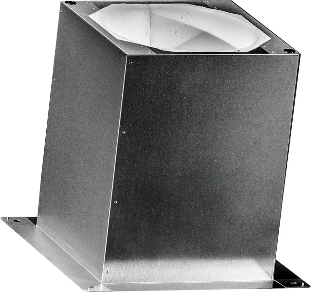 Ansaugschalldämpfer von Wolf in quadratischer Form aus Metall mit einer konischen Innenstruktur zur Geräuschreduktion in Lüftungssystemen.